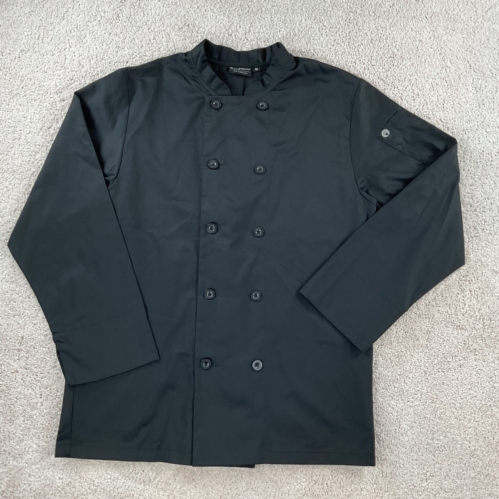 Chef Works BAST-BLK Men's Basic Chef Coat Black Double Breasted Jacket Size MED